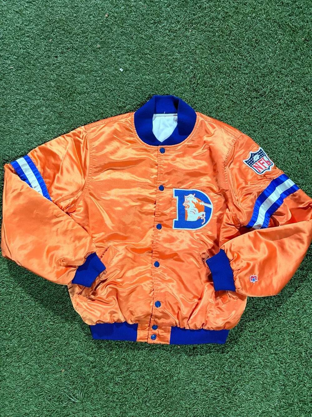 Vintage 90s NFL Denver Broncos Starter Satin Bomber Jacket Orange Size 42